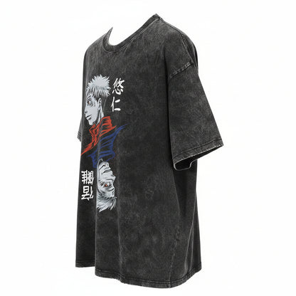 Black t-shirt with anime character graphic and text on a white background