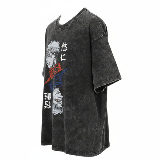 Black t-shirt with anime character graphic and text on a white background