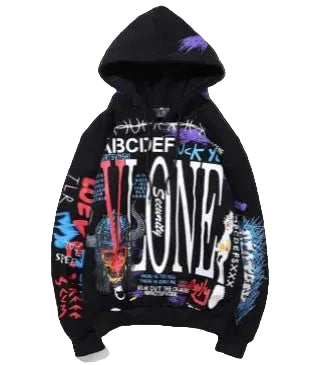 Black hoodie with colorful graphics and text on a white background