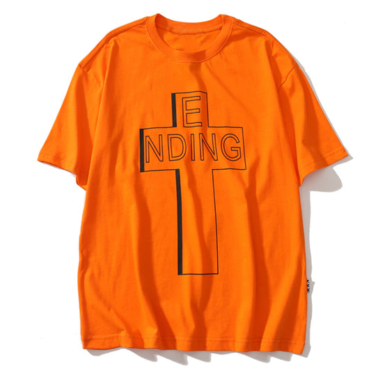 Orange t-shirt with black text on a white background